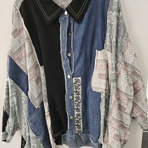 POL Blue and Gray Patterned Top